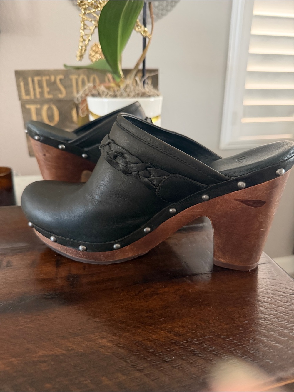 UGG Kaylee Black Leather Braided-Trim Clogs - Picture 2 of 15